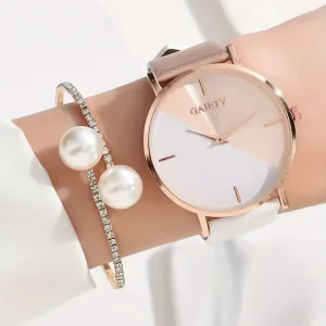 Minimalist Quartz Watch with PU Strap and Matching Bracelet