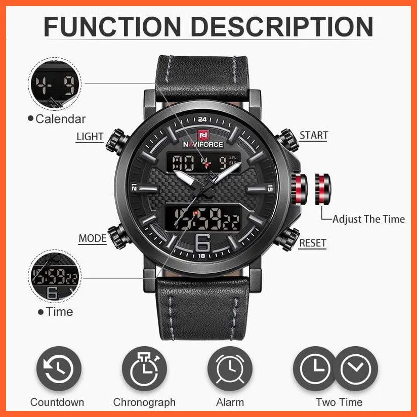 New Men'S Fashion Sport Watches | Mens Leather Waterproof Led Analog Clock Quartz Watches