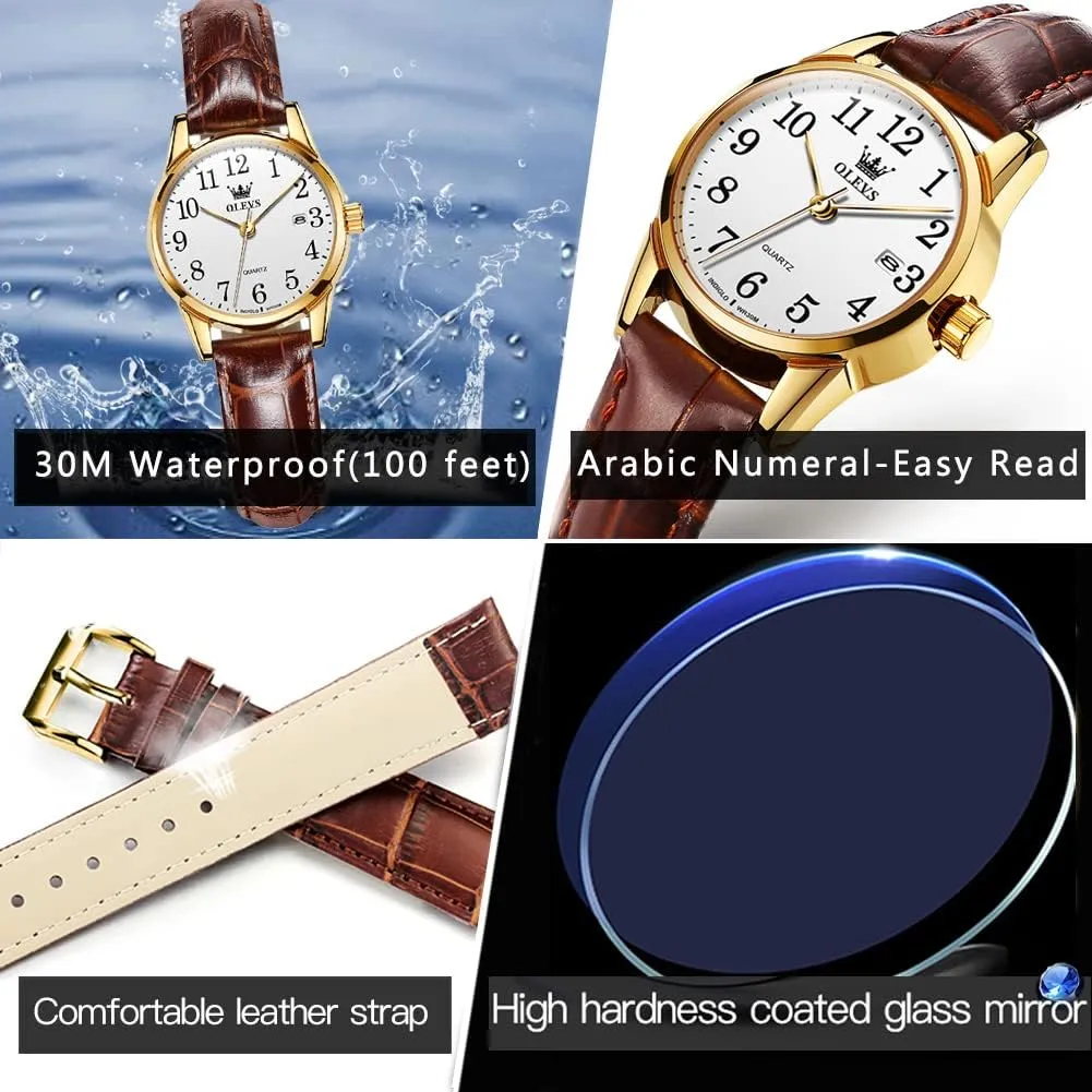 OLEVS Women Leather Watch - Analog Ladies Quartz Watches Luxury Dress Watch for Small Wrists Waterproof with Date Day Function - Reloj para Mujer