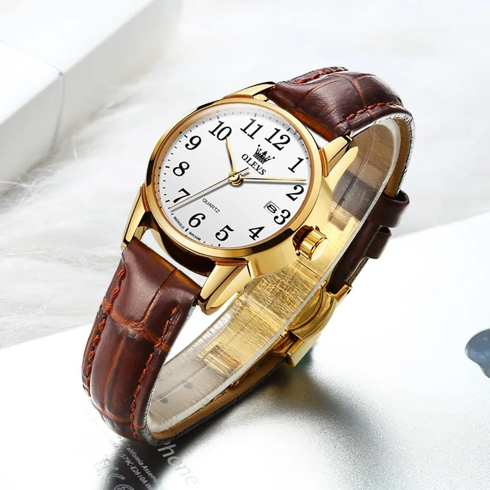 OLEVS Women Leather Watch - Analog Ladies Quartz Watches Luxury Dress Watch for Small Wrists Waterproof with Date Day Function - Reloj para Mujer