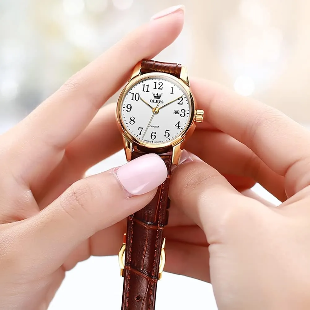 OLEVS Women Leather Watch - Analog Ladies Quartz Watches Luxury Dress Watch for Small Wrists Waterproof with Date Day Function - Reloj para Mujer