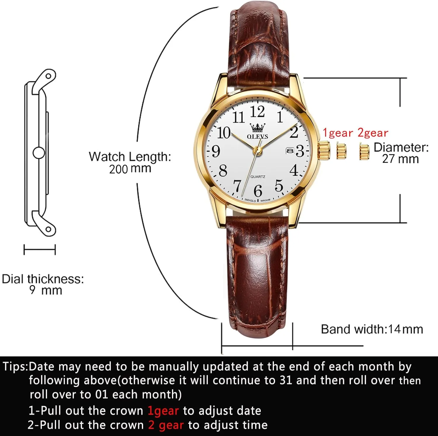 OLEVS Women Leather Watch - Analog Ladies Quartz Watches Luxury Dress Watch for Small Wrists Waterproof with Date Day Function - Reloj para Mujer