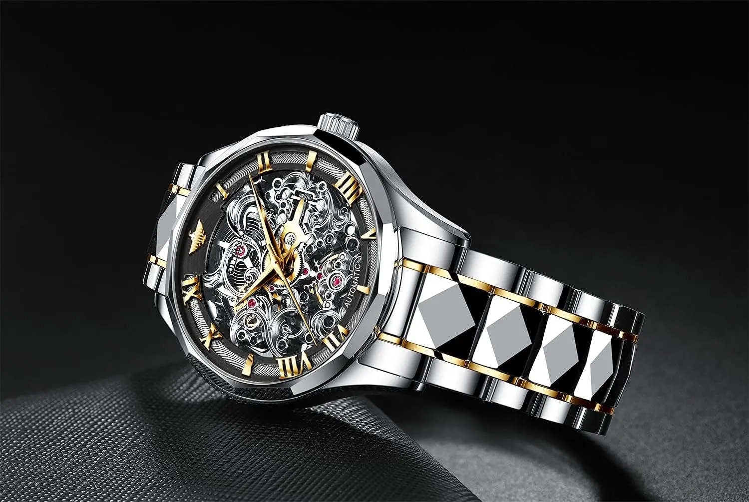 OUPINKE Men'S Skeleton Mechanical Watches Luxury Dress Automatic Self Winding Sapphire Crystal Waterproof Tungsten Steel Band Wrist Watches