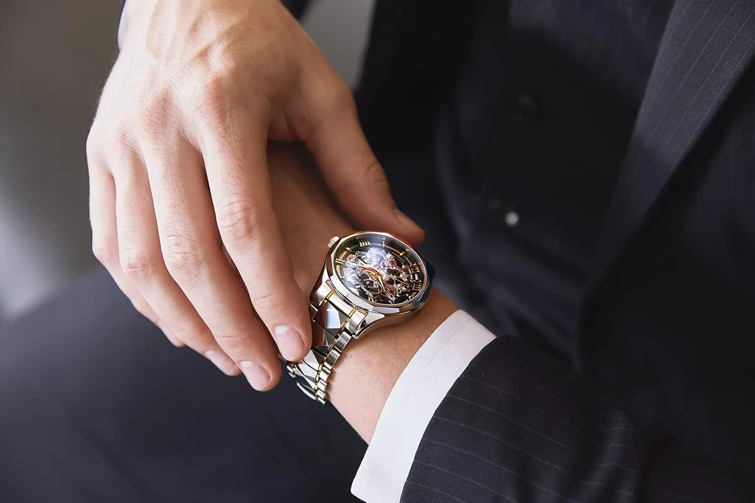 OUPINKE Men'S Skeleton Mechanical Watches Luxury Dress Automatic Self Winding Sapphire Crystal Waterproof Tungsten Steel Band Wrist Watches