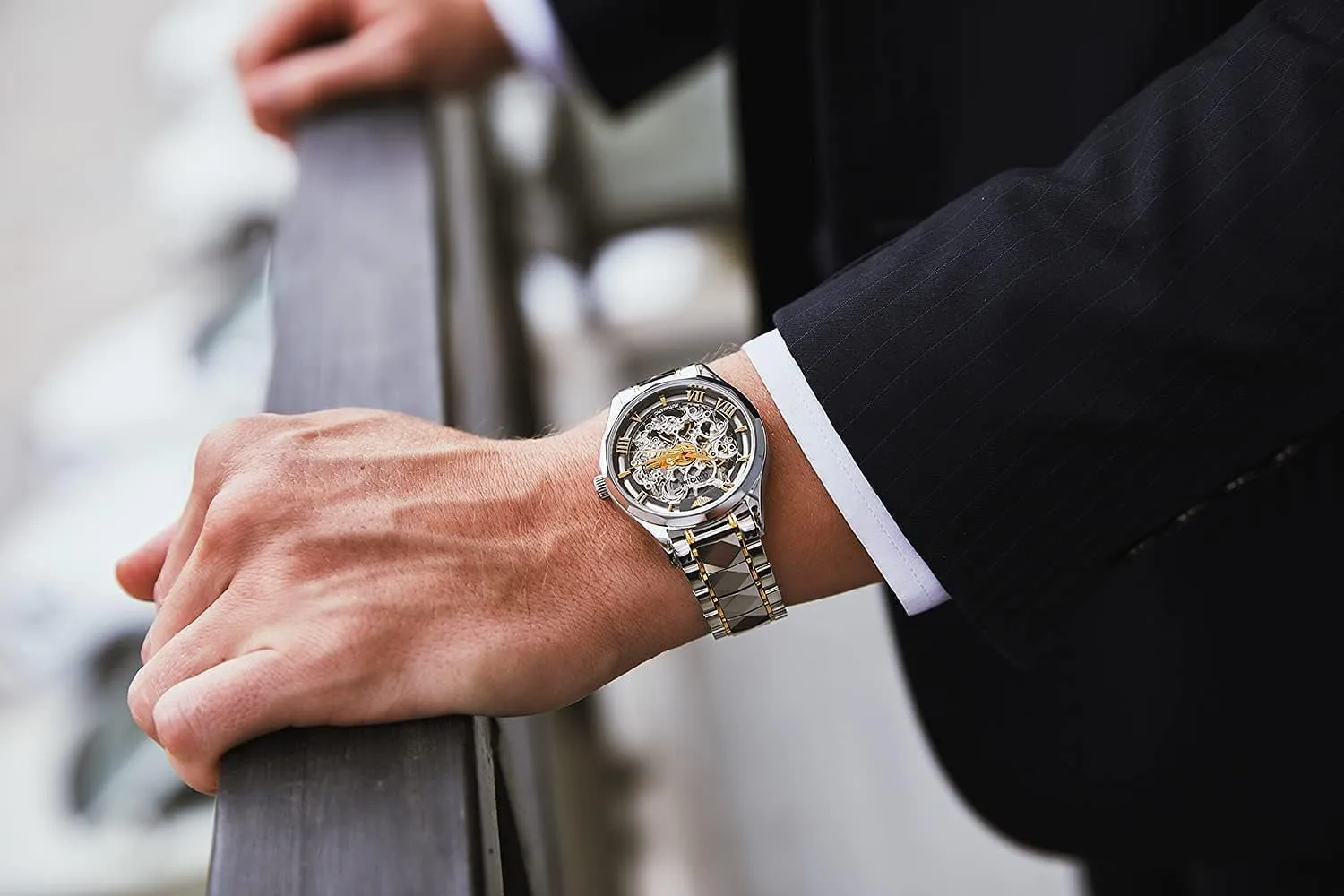 OUPINKE Men'S Skeleton Mechanical Watches Luxury Dress Automatic Self Winding Sapphire Crystal Waterproof Tungsten Steel Band Wrist Watches