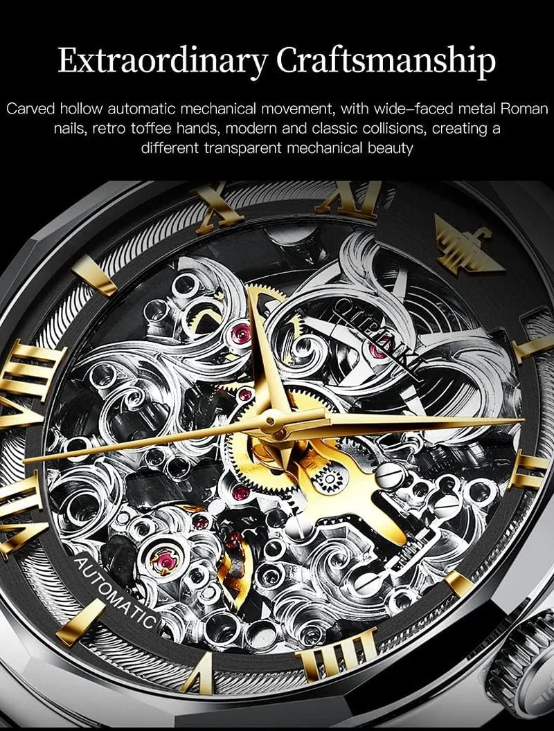 OUPINKE Men'S Skeleton Mechanical Watches Luxury Dress Automatic Self Winding Sapphire Crystal Waterproof Tungsten Steel Band Wrist Watches