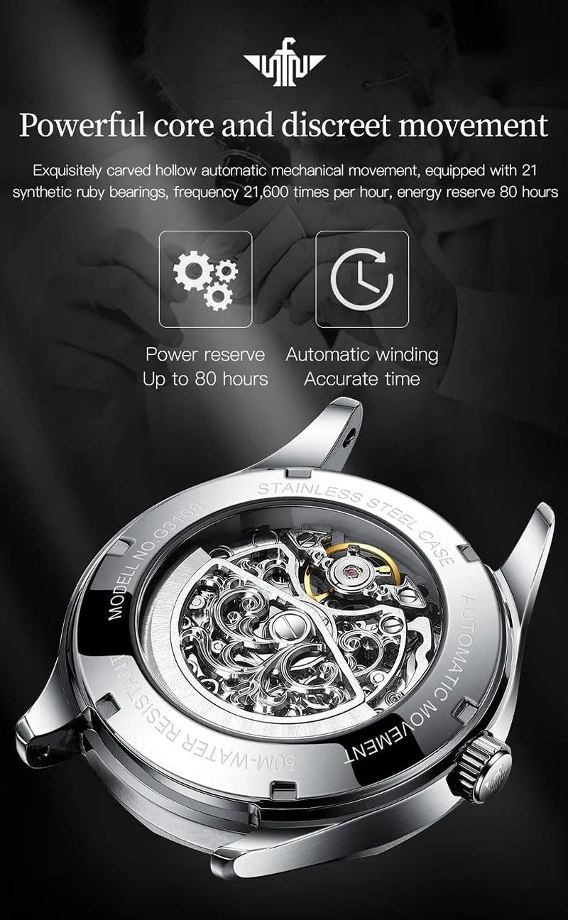 OUPINKE Men'S Skeleton Mechanical Watches Luxury Dress Automatic Self Winding Sapphire Crystal Waterproof Tungsten Steel Band Wrist Watches