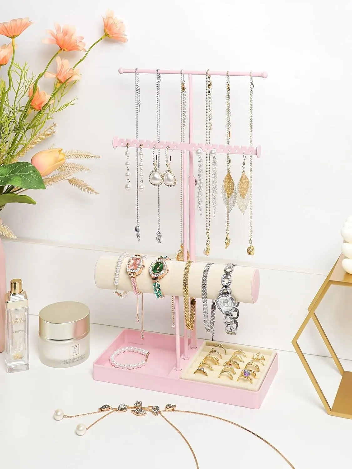 Pink Jewelry Organizer Stand, 3-Tier Necklace & Bracelet Holder with Velvet Ring Tray, Cute Aesthetic Jewelry Tree Storage Rack for Earrings & Rings  Perfect for Women & Girls