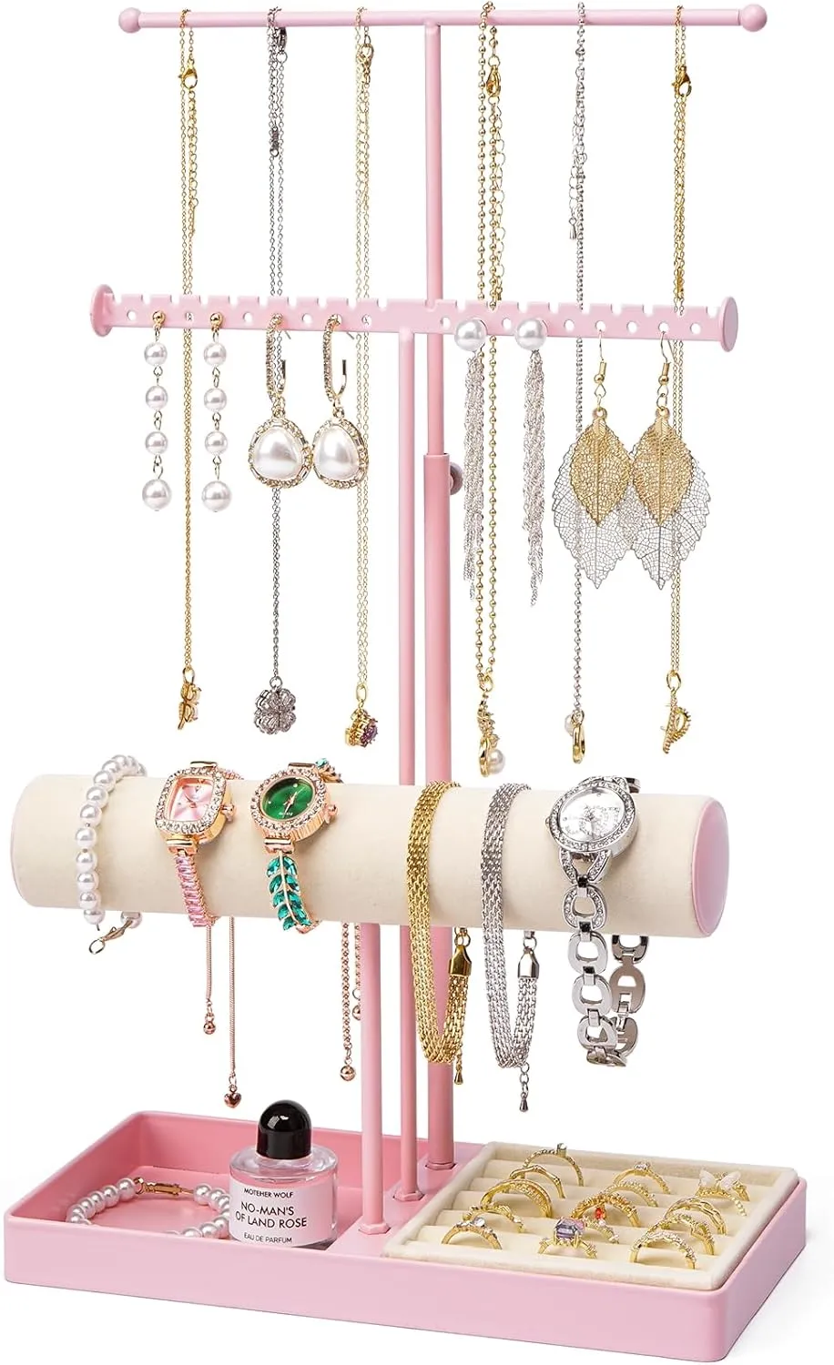 Pink Jewelry Organizer Stand, 3-Tier Necklace & Bracelet Holder with Velvet Ring Tray, Cute Aesthetic Jewelry Tree Storage Rack for Earrings & Rings  Perfect for Women & Girls
