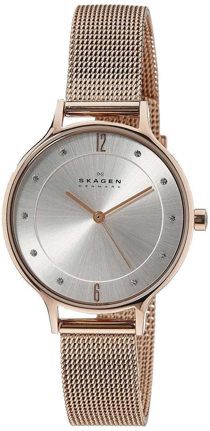 Skagen Anita Silver Dial Crystal Rose Gold-Tone Mesh Bracelet SKW2151 Women's Watch