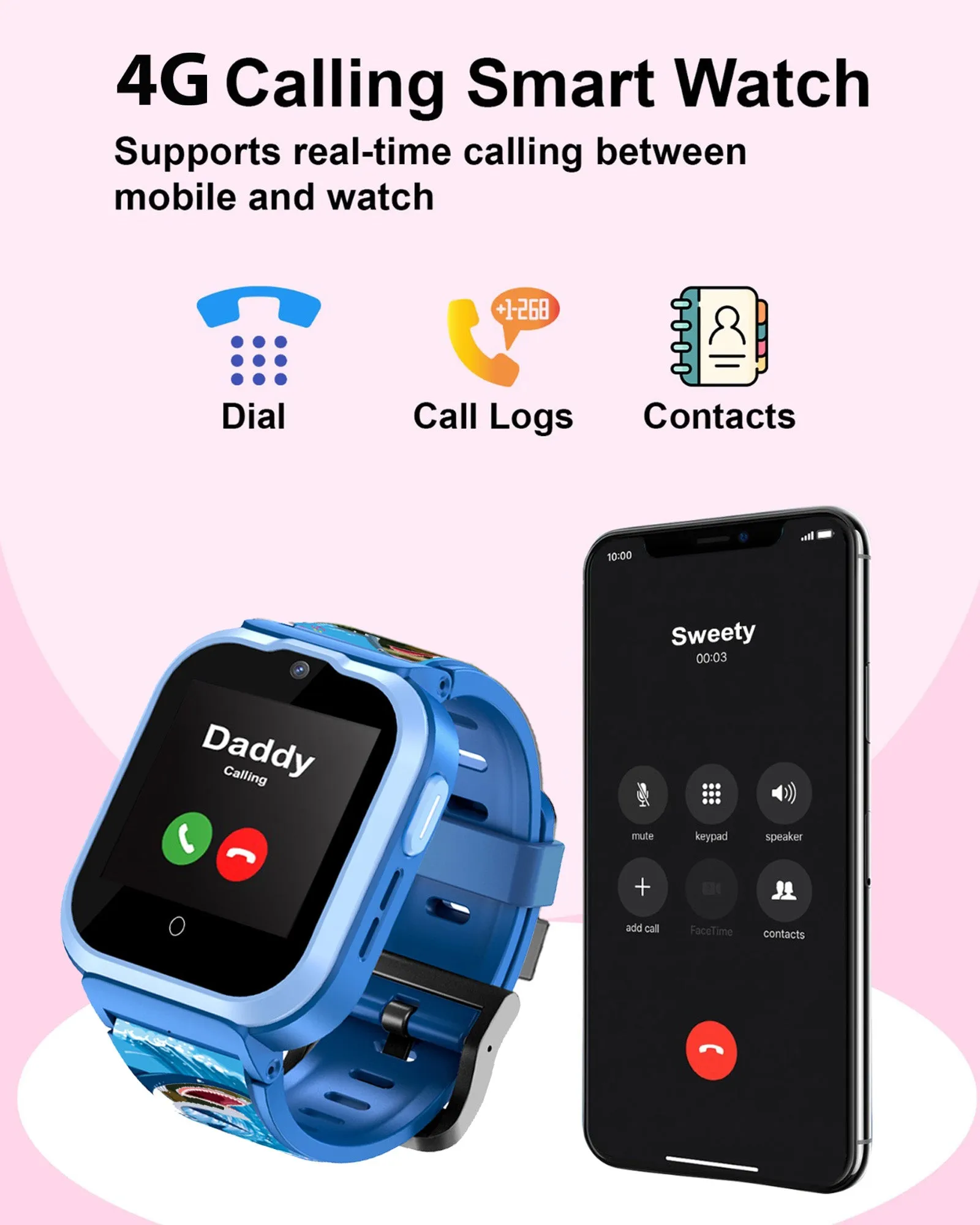Spiky Cyclops 4g Video & Voice Calling Dewatering Waterproof Kids Smartwatch Printed strap - Blue