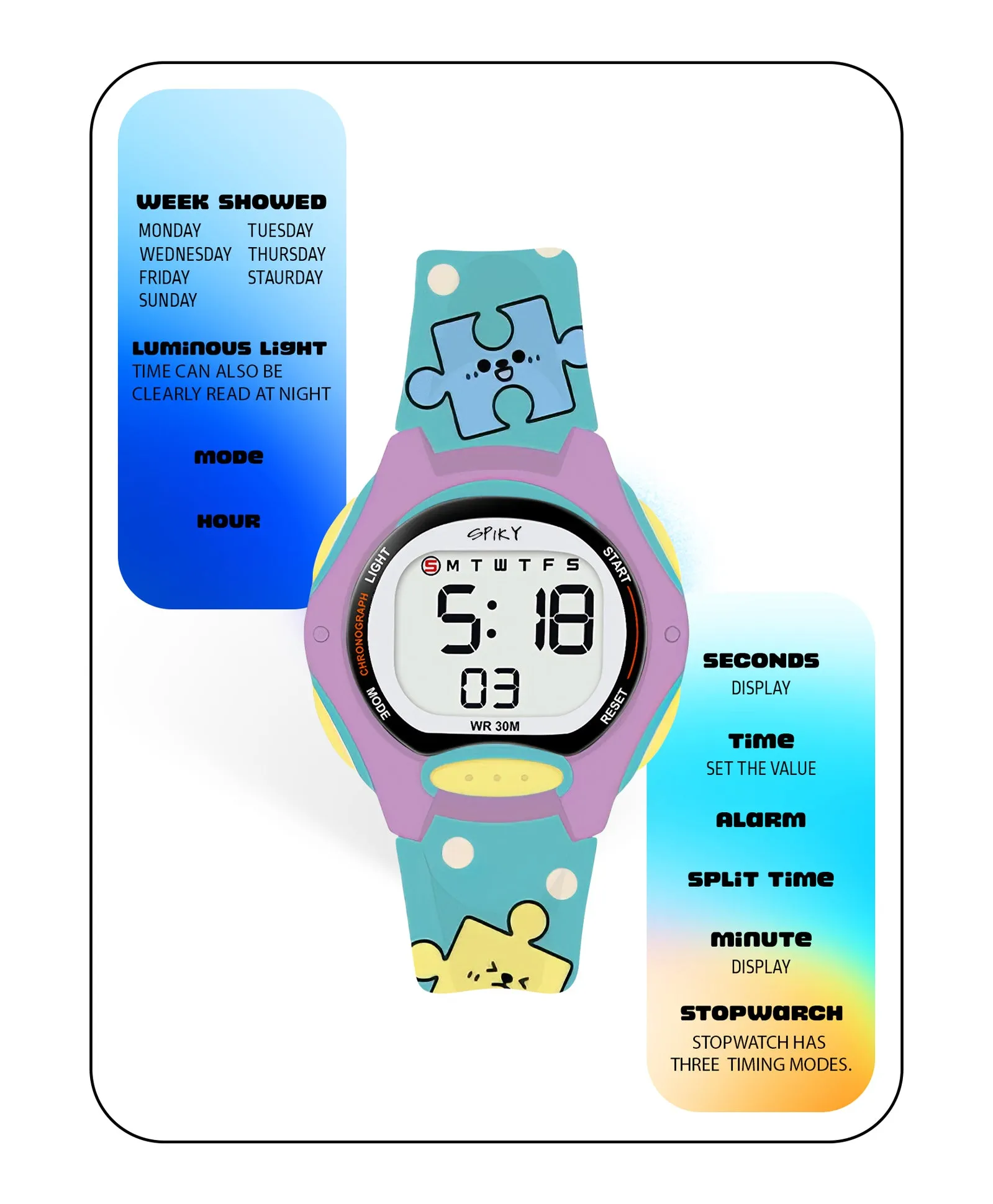 Spiky Eva18 Printed Strap Round Sports Digital Watch - Blue