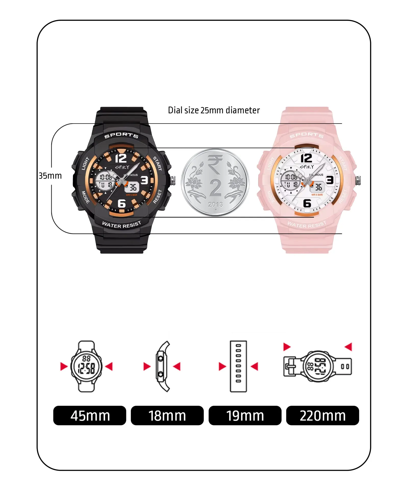 Spiky Round Sports Dual Time Kids Watches Combo - Pink & Black