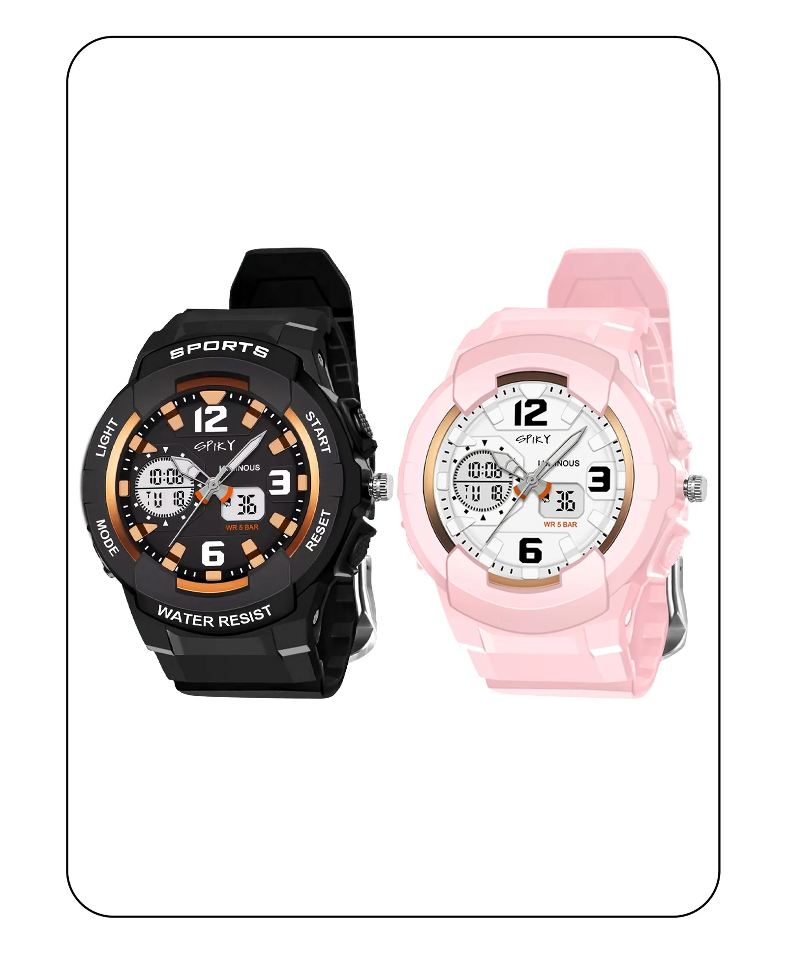 Spiky Round Sports Dual Time Kids Watches Combo - Pink & Black