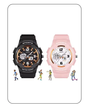 Spiky Round Sports Dual Time Kids Watches Combo - Pink & Black