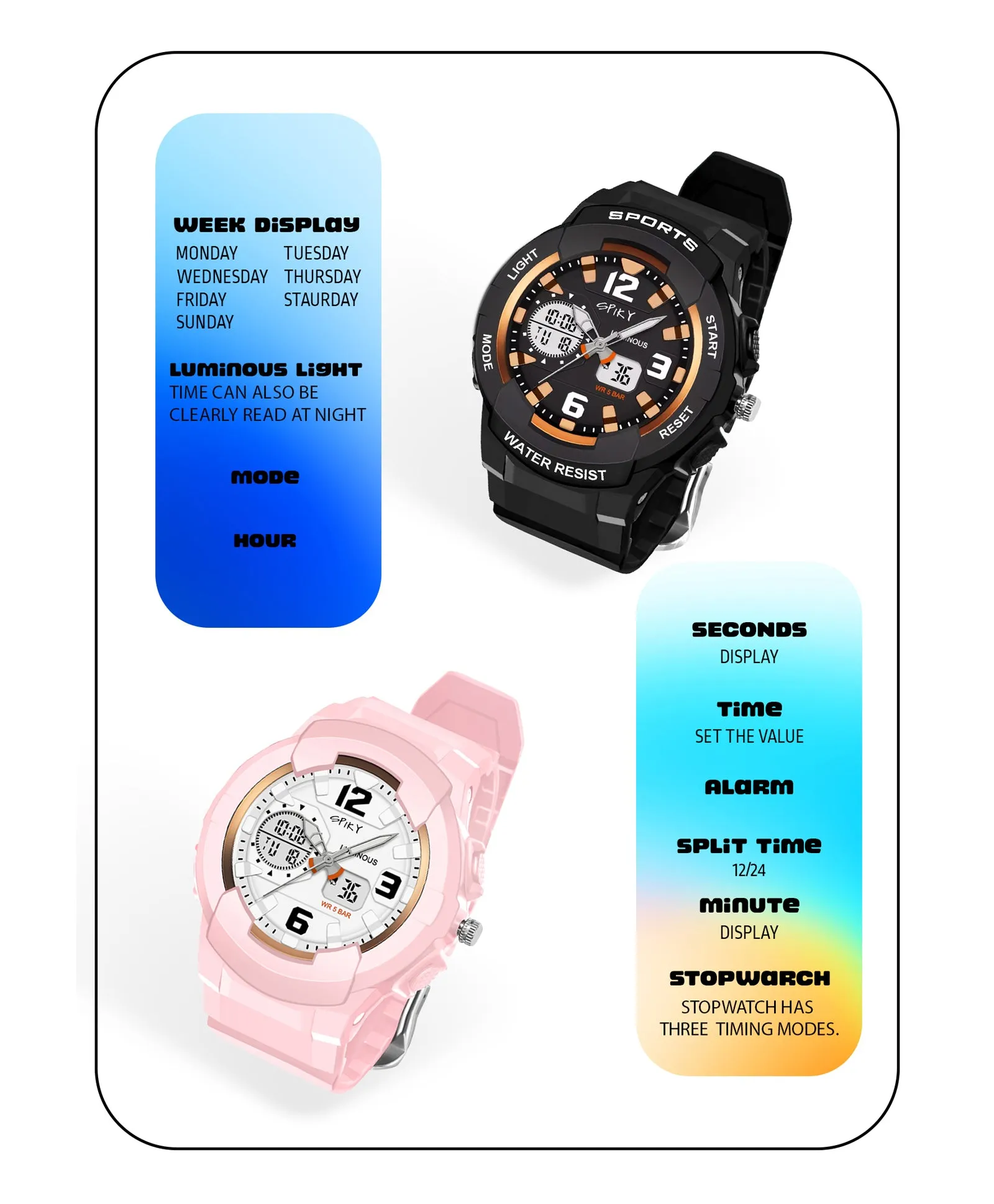 Spiky Round Sports Dual Time Kids Watches Combo - Pink & Black