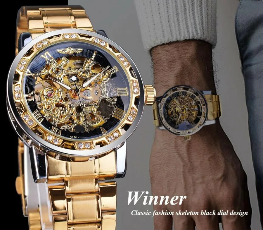 Stylish Mens Rhinestone Roman Analog Skeleton Stainless Steel Watch