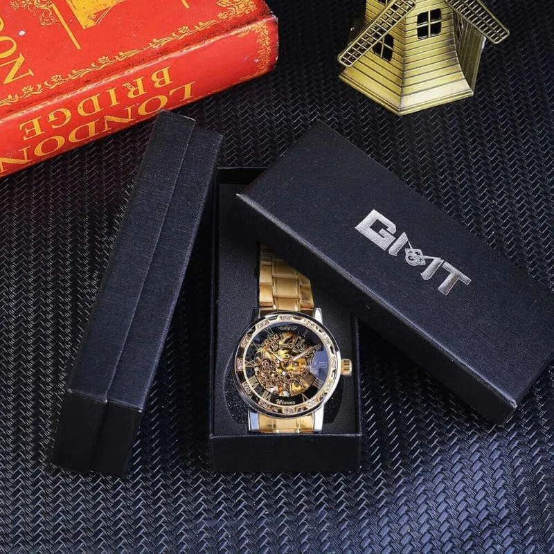 Stylish Mens Rhinestone Roman Analog Skeleton Stainless Steel Watch