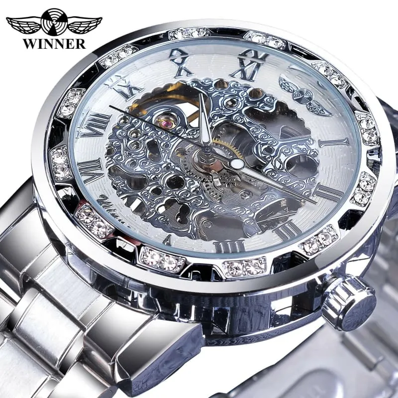 Stylish Mens Rhinestone Roman Analog Skeleton Stainless Steel Watch
