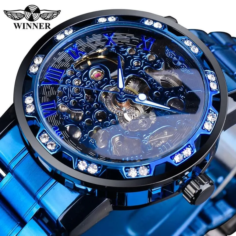 Stylish Mens Rhinestone Roman Analog Skeleton Stainless Steel Watch