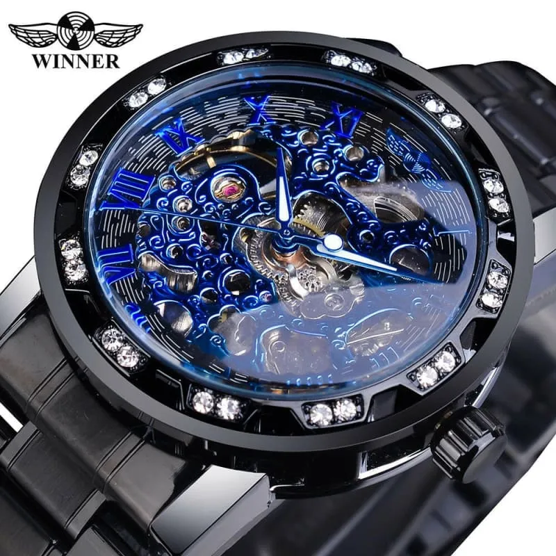 Stylish Mens Rhinestone Roman Analog Skeleton Stainless Steel Watch
