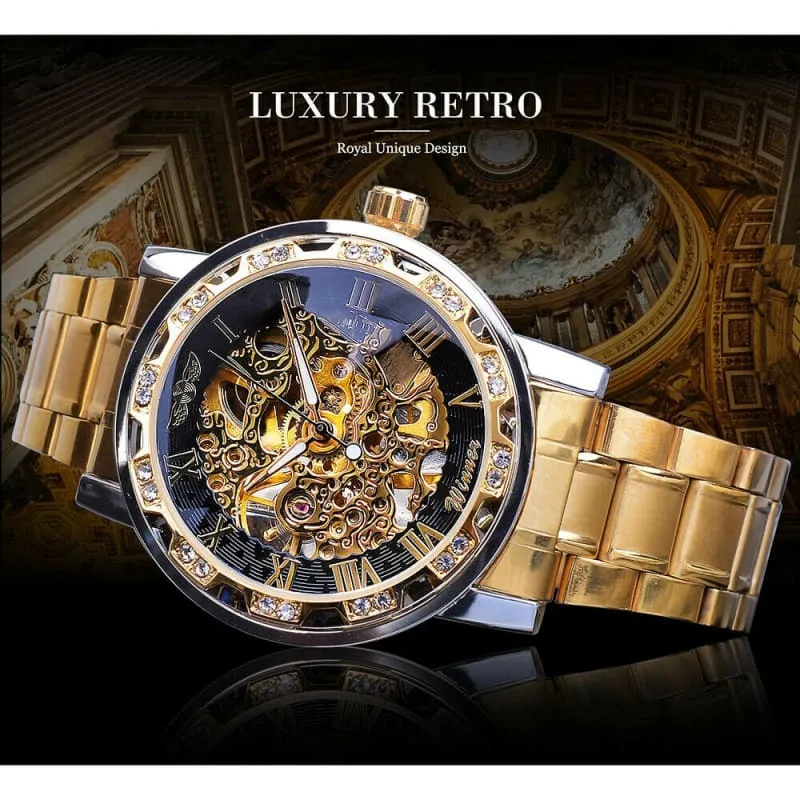 Stylish Mens Rhinestone Roman Analog Skeleton Stainless Steel Watch