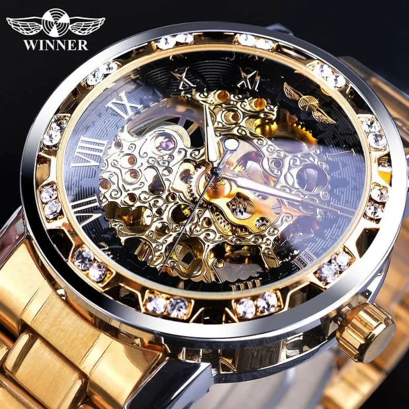 Stylish Mens Rhinestone Roman Analog Skeleton Stainless Steel Watch