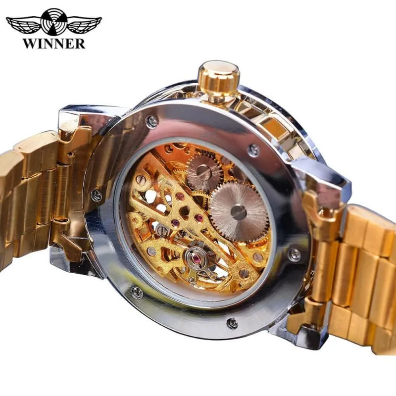 Stylish Mens Rhinestone Roman Analog Skeleton Stainless Steel Watch