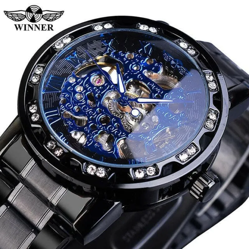 Stylish Mens Rhinestone Roman Analog Skeleton Stainless Steel Watch