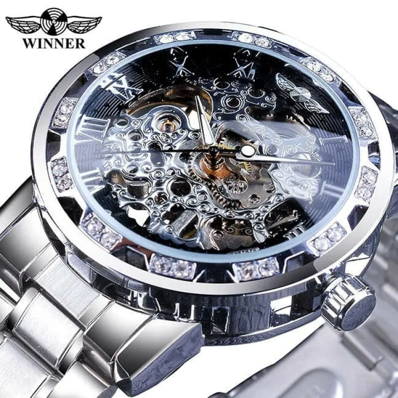 Stylish Mens Rhinestone Roman Analog Skeleton Stainless Steel Watch