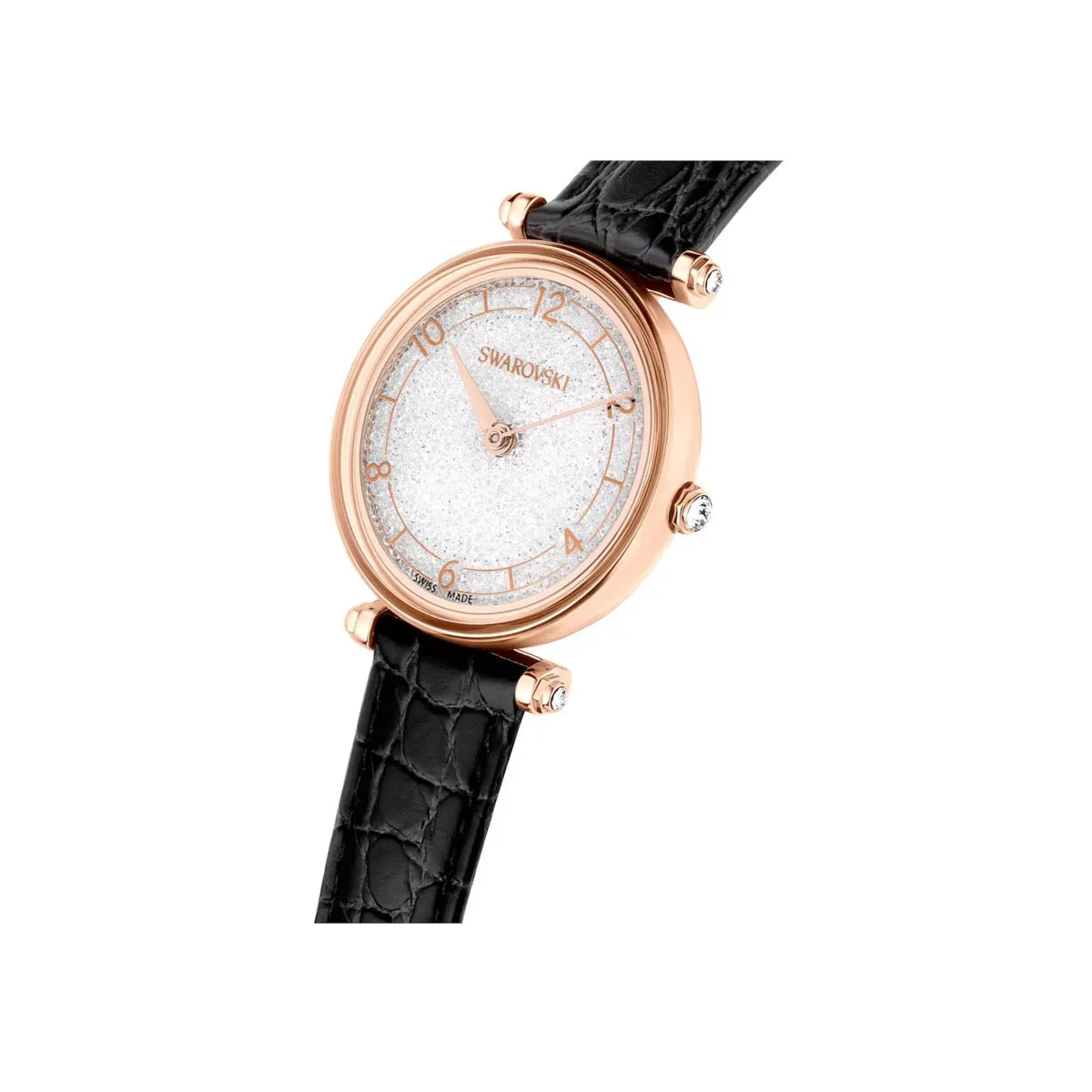Swarovski Rose Gold-Tone Crystalline Wonder Watch with a Black Leather Strap