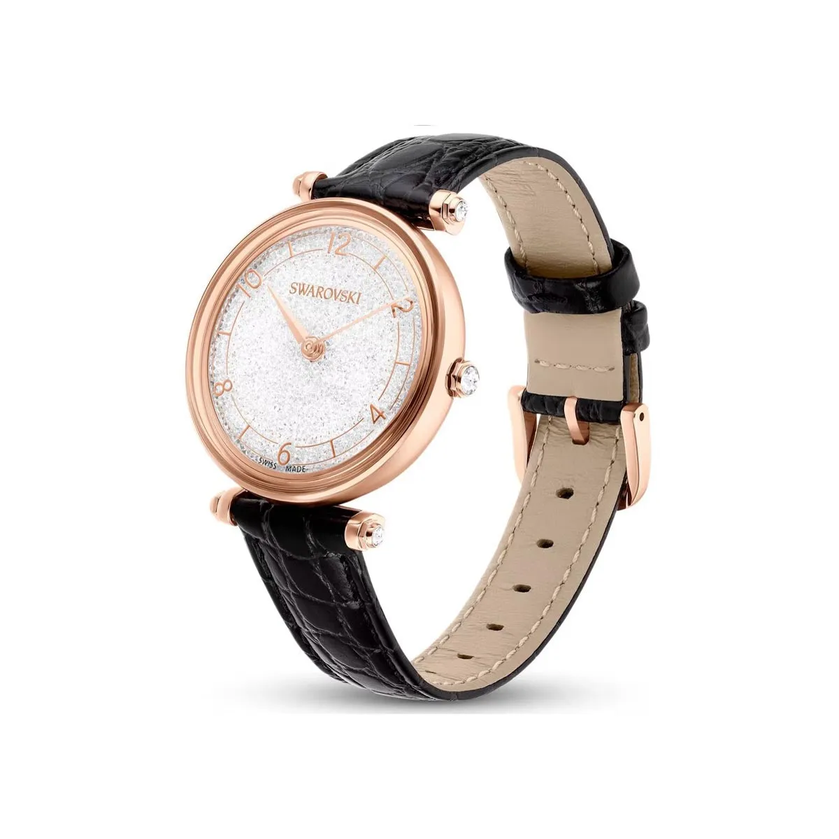 Swarovski Rose Gold-Tone Crystalline Wonder Watch with a Black Leather Strap