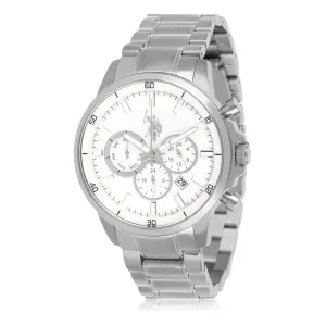US POLO ASSN. MEN'S RHODIUM PLATED STAINLESS STEEL BAND WITH PERSON. S.S. BUCKLE