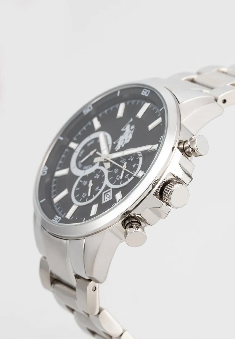 US POLO ASSN. MEN'S RHODIUM PLATED STAINLESS STEEL BAND WITH PERSON. S.S. BUCKLE