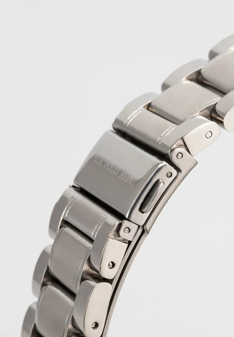 US POLO ASSN. MEN'S RHODIUM PLATED STAINLESS STEEL BAND WITH PERSON. S.S. BUCKLE