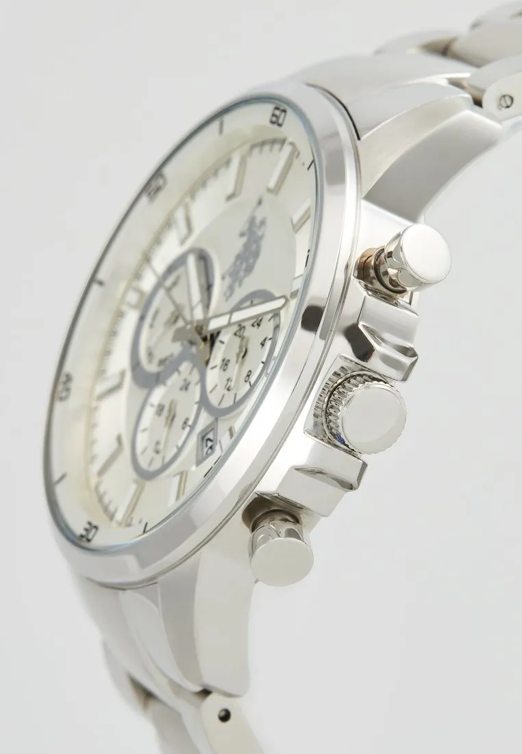 US POLO ASSN. MEN'S RHODIUM PLATED STAINLESS STEEL BAND WITH PERSON. S.S. BUCKLE
