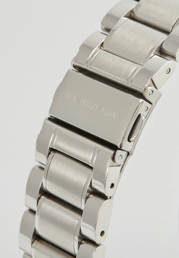 US POLO ASSN. MEN'S RHODIUM PLATED STAINLESS STEEL BAND WITH PERSON. S.S. BUCKLE