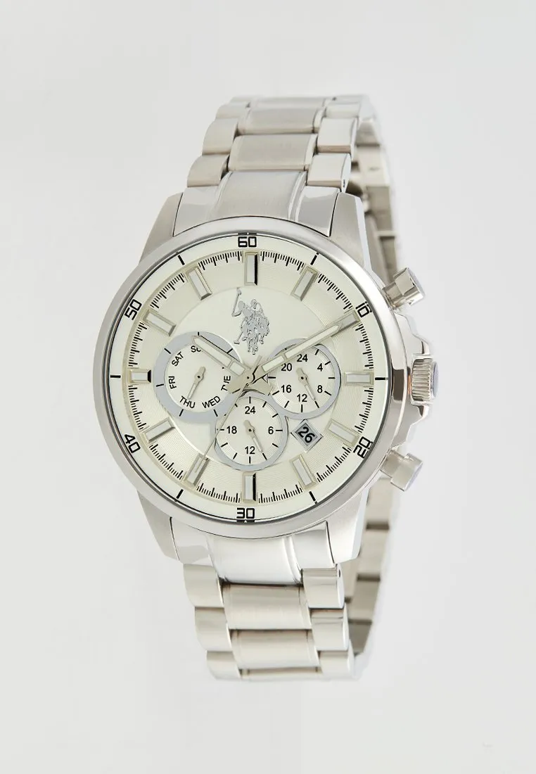 US POLO ASSN. MEN'S RHODIUM PLATED STAINLESS STEEL BAND WITH PERSON. S.S. BUCKLE