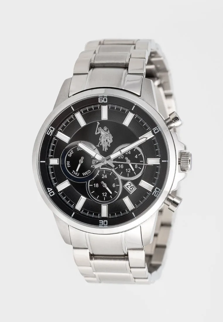 US POLO ASSN. MEN'S RHODIUM PLATED STAINLESS STEEL BAND WITH PERSON. S.S. BUCKLE