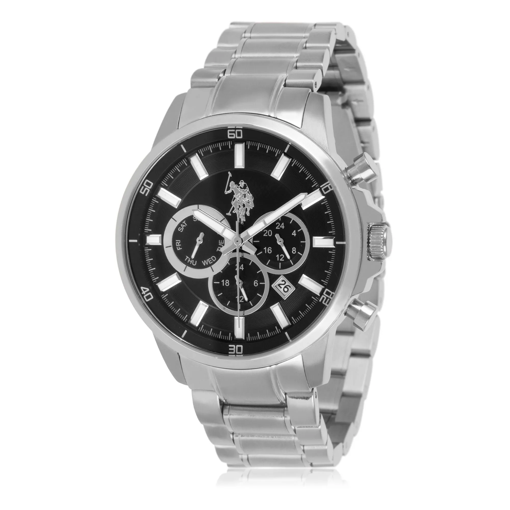 US POLO ASSN. MEN'S RHODIUM PLATED STAINLESS STEEL BAND WITH PERSON. S.S. BUCKLE