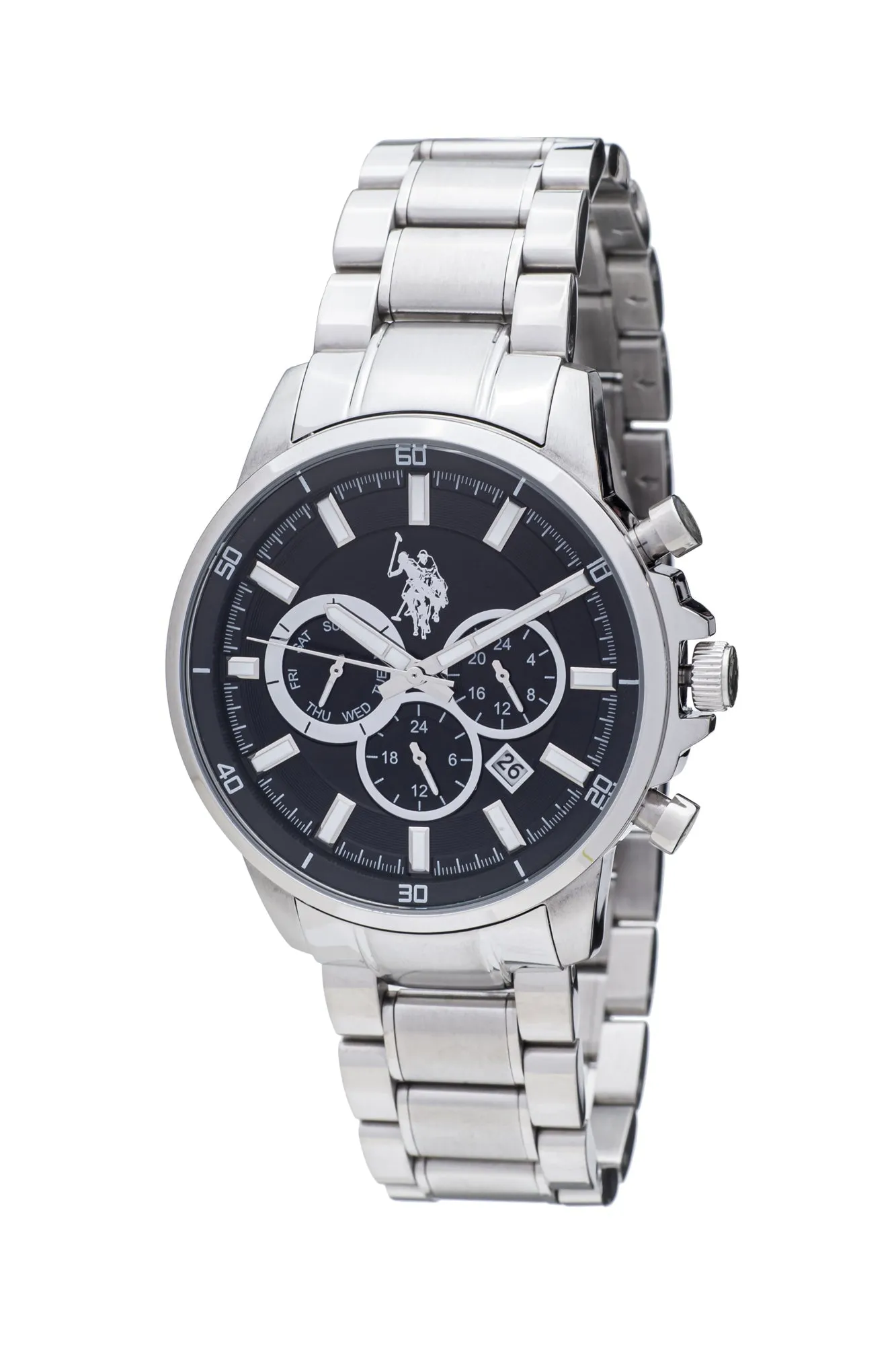 US POLO ASSN. MEN'S RHODIUM PLATED STAINLESS STEEL BAND WITH PERSON. S.S. BUCKLE