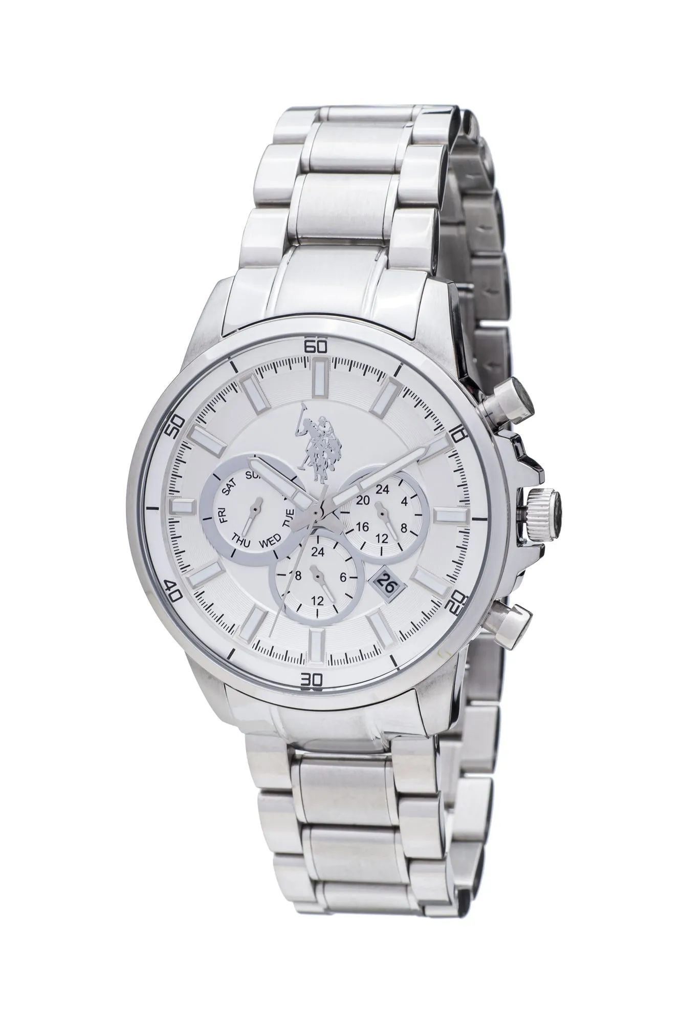 US POLO ASSN. MEN'S RHODIUM PLATED STAINLESS STEEL BAND WITH PERSON. S.S. BUCKLE