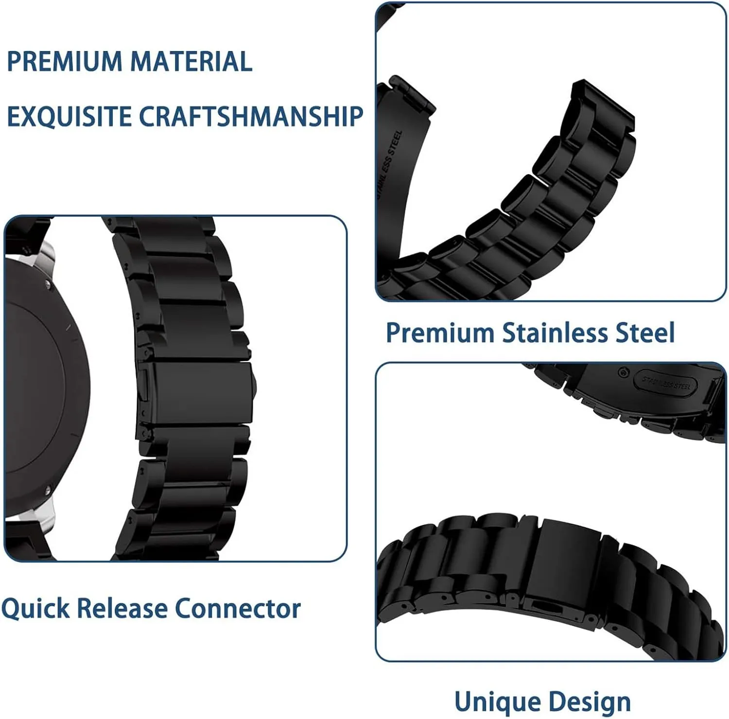 Vetoo Quick Release Watch band, Stainless Steel Watch strap for Men Women- Choose Color, Length & Width,16mm 18mm 20mm Metal Watch Strap, 22mm, black