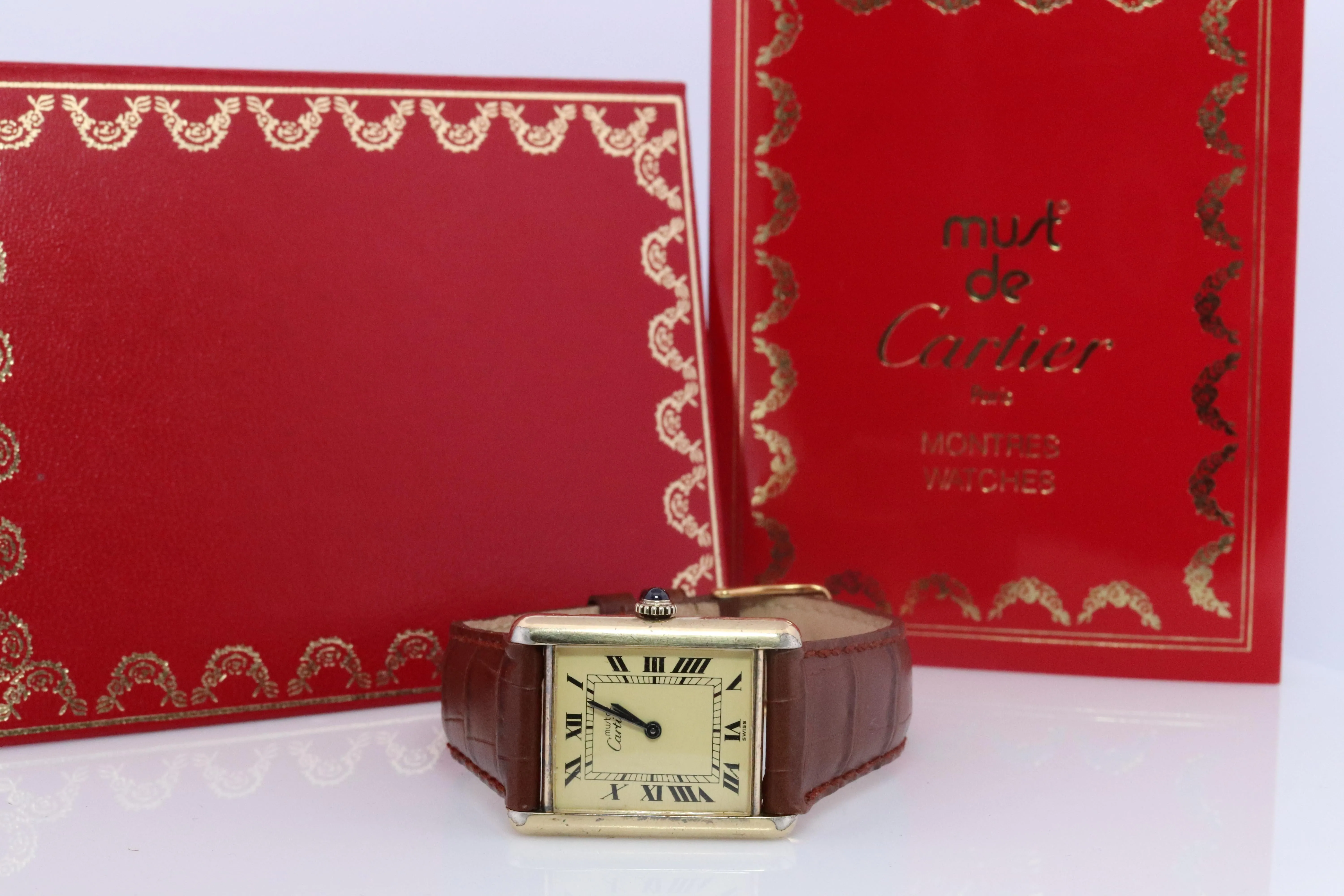 Vintage Must de Cartier Champagne Tank Watch. 925 Vermeil ARGENT Manual Tank.