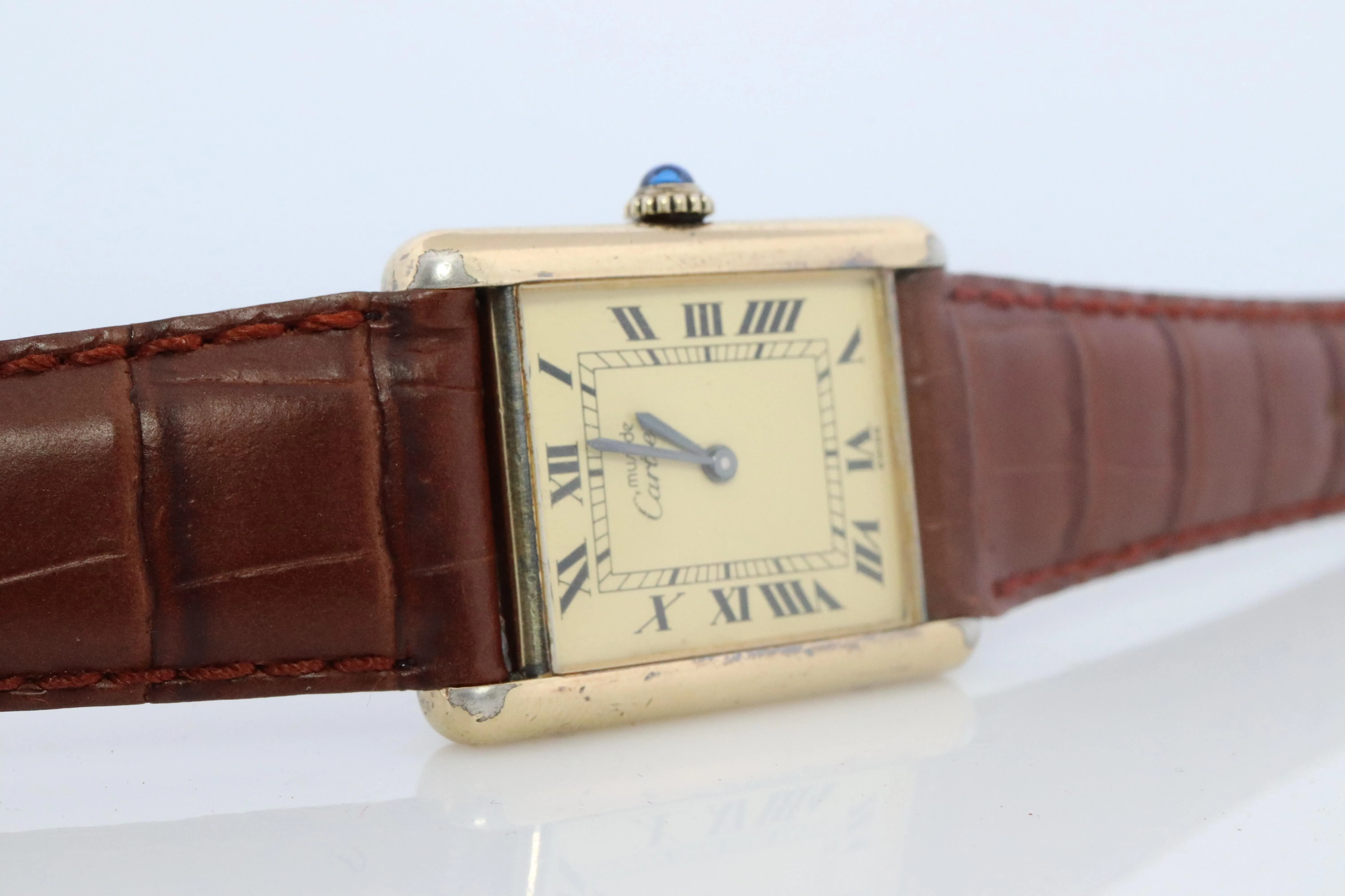 Vintage Must de Cartier Champagne Tank Watch. 925 Vermeil ARGENT Manual Tank.