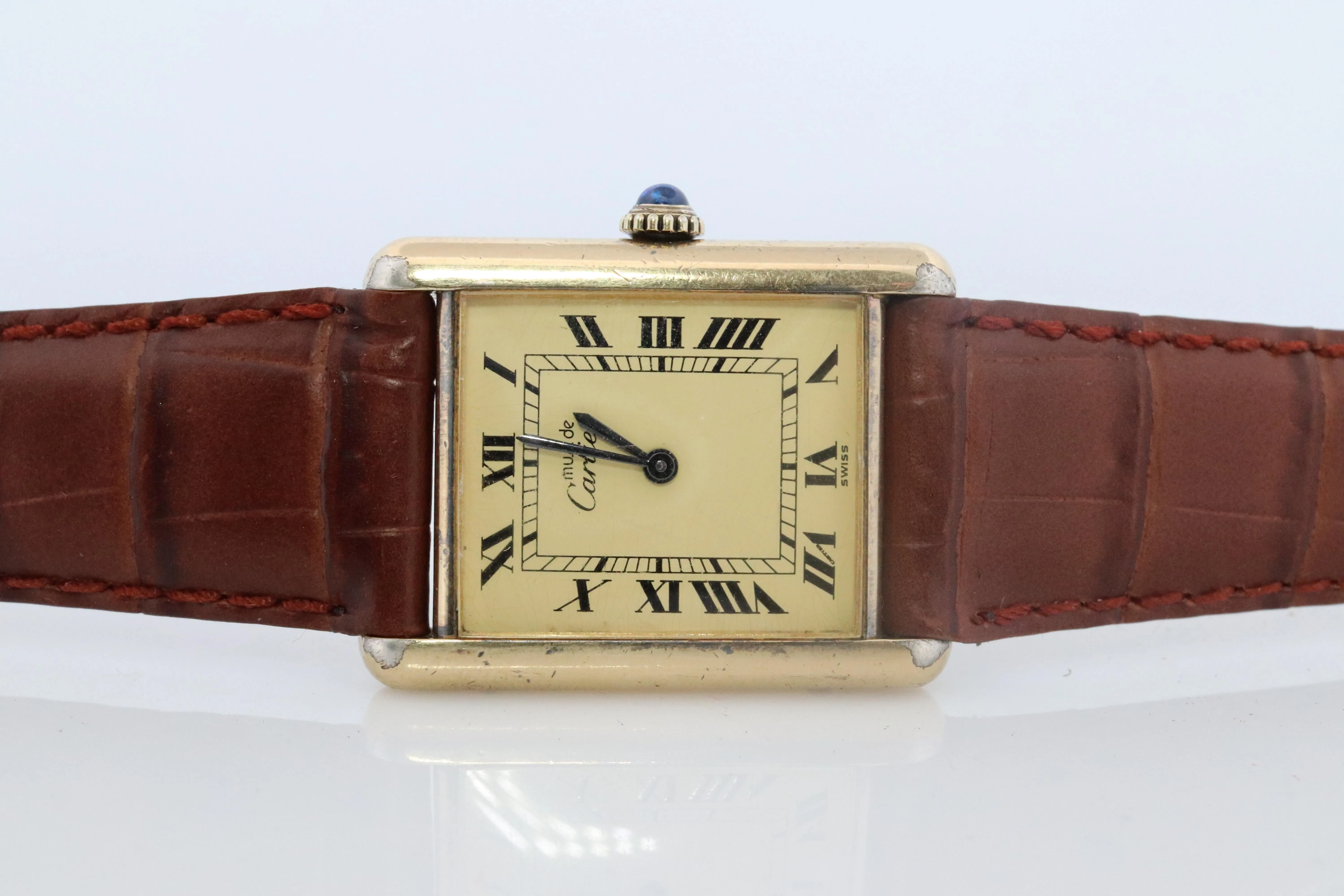 Vintage Must de Cartier Champagne Tank Watch. 925 Vermeil ARGENT Manual Tank.