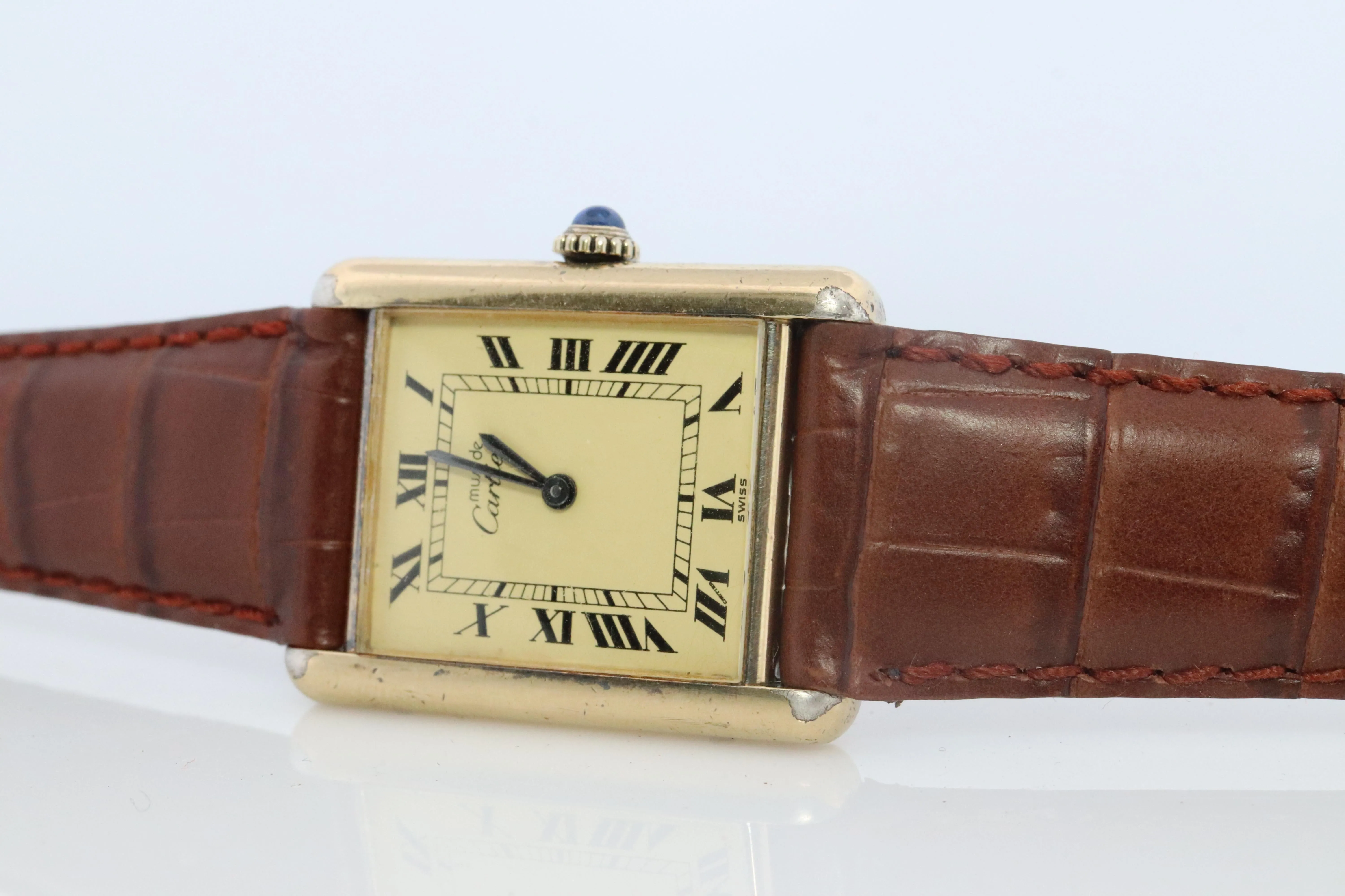 Vintage Must de Cartier Champagne Tank Watch. 925 Vermeil ARGENT Manual Tank.